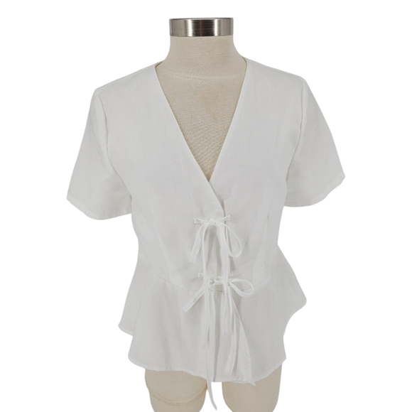 English Factory Peplum Tie Top White Short Sleeve Button V Neck Shirt Medium - Picture 1 of 5